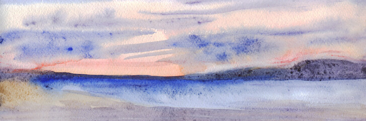 Panoramic evening skyline. Sky, mountains, sea, beach. Watercolor painting - 119990715