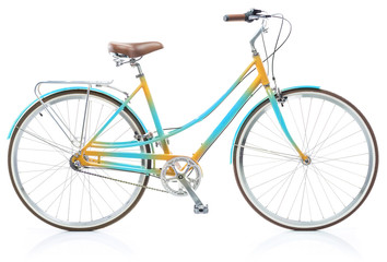 Fototapeta na wymiar Stylish womens blue and yellow bicycle isolated on white