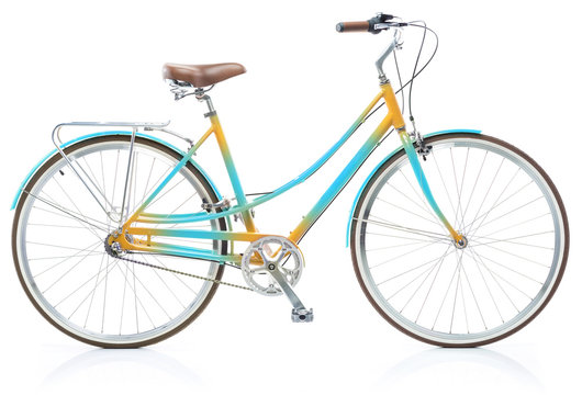 Stylish womens blue and yellow bicycle isolated on white