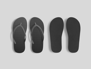 Pair of blank black beach slippers mockup, top and sole view 3d illustration. Home plain flops mock up template. Clear bath sandal display. Bed shoes accessory footwear. Rubber flipflops bottom view
