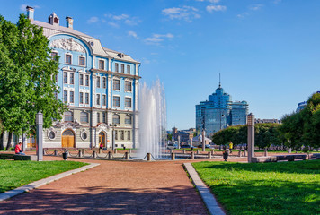 Saint Petersburg, Russia, May 30, 2015. The fountain near the Nakhimov Naval School building at the Petrogradskaya embankment.