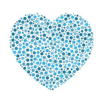 Heart mosaic of blue dots in various sizes and shades. Vector illustration on white background.