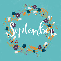 September. Wreath of  flowers, leaves, dandelion, grass. Design