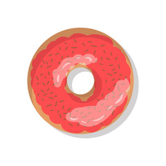 Tasty pink sweet donut icon with sprinkles isolated on white background. Top view illustration of doughnut for your cafe, restaurant, shop flyer and banner.
