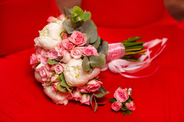 Beautiful peony and rose wedding bouquet, closeup. Marriage concept