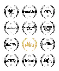 Set of awards for best film, actor, actress, director, music, picture, winner and short film with wreath and 2016 text. Black and golden color film award wreaths isolated on the white background.
