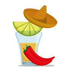 Tequila shot hat and pepper . Mexico landmark and mexican culture theme. Colorful design. Vector illustration