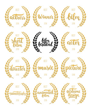 Set of awards for best film, actor, actress, director, music, picture, winner and short film with wreath and 2016 text. Black and golden color film award wreaths isolated on the white background.