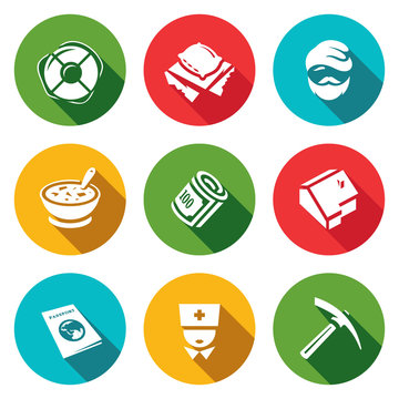 Vector Set of Homeless Icons. Help, Homelessness, Tramp, Food, Benefit, Housing, Document, Medical, Employment.
