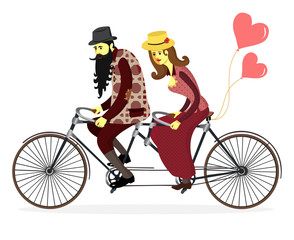 Cute vector flat illustration of happy young man and woman with long blond hair cartoon characters riding tandem bicycle isolated. Greeting card for Valentine's Day in a cartoon style. Vector.