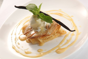 dessert with vanilla ice cream and Mint