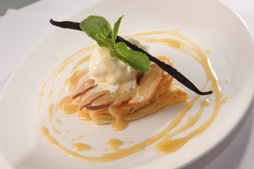 dessert with vanilla ice cream and Mint