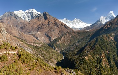 Panoramic view of Mount Everest, Lhotse and Ama Dablam