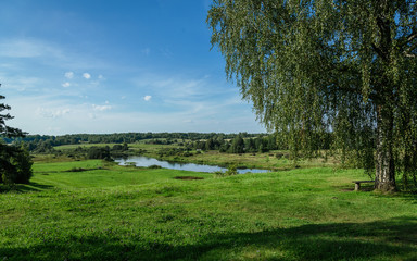 summer landscape of green hills on background river
