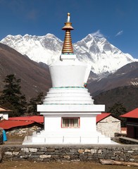 Stupa, Lhotse and top of Everest from Tengboche monastery