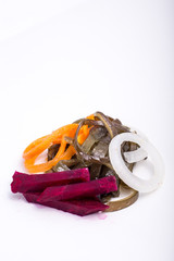 a piece of fish on a white background, photo studio, isolated, herbs, meal