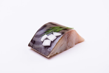 a piece of fish on a white background, photo studio, isolated, herbs, meal