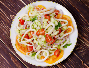 Squid, tomato, onion and greens salad. View from above, top studio shot