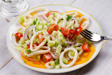 Squid, tomato, onion and greens salad