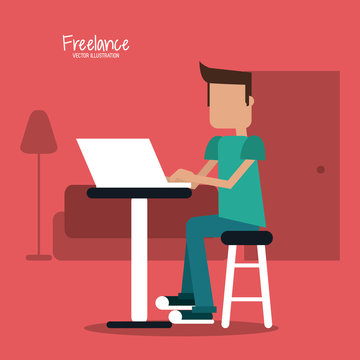 Cartoon man sitting with laptop on table. Work at home and freelance theme. Colorful design. Vector illustration