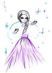 Snow princess with a white fur stole and violet dress drawn by watercolor