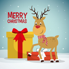 reindeer cartoon and gift icon. Merry Christmas decoration and season theme. Colorful design. Vector illustration
