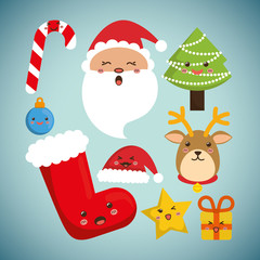 Santa reindeer pine tree  boot gift star hat candy cartoon icon. Merry Christmas decoration and season theme. Colorful design. Vector illustration