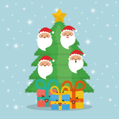 Santa gifts and pine tree cartoons icon. Merry Christmas decoration and season theme. Colorful design. Vector illustration