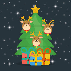 reindeer and pine tree cartoon icon. Merry Christmas decoration and season theme. Colorful design. Vector illustration