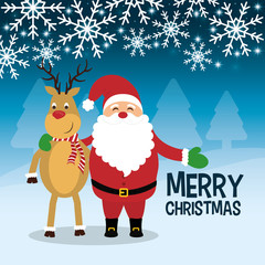 Santa and reindeer cartoon with snowflakes icon. Merry Christmas decoration and season theme. Colorful design. Vector illustration