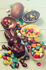 Fototapeta na wymiar Chocolate Easter eggs and rabbit , on wooden background
