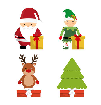 Santa reindeer elf pine tree cartoon icon. Merry Christmas decoration and season theme. Colorful design. Vector illustration