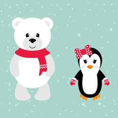 cartoon winter bear and penguin with a scarf