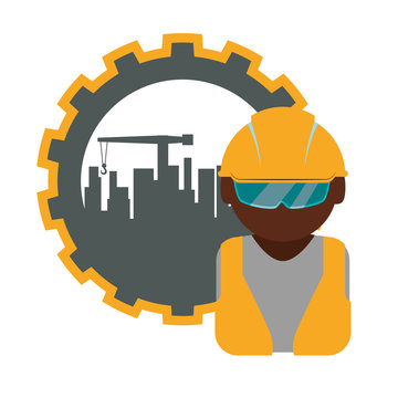 constructer man gear and plant icon. Construction repair factory and industry theme. Isolated design. Vector illustration