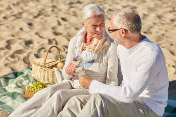 happy senior couple having picnic on summer beach