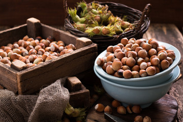 Hazelnuts on rustic wooden background,healthy food