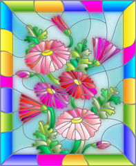 Illustration in stained glass style with flowers, buds and leaves of Marguerite