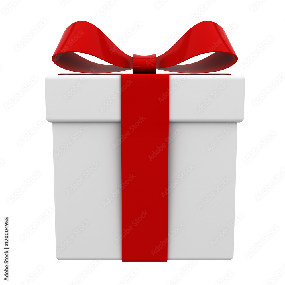 Poster gift box present with red ribbon bow isolated on white background 3d rendering