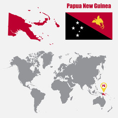 Papua New Guinea map on a world map with flag and map pointer. Vector illustration