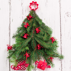 Old wood texture with snow and firtree christmas background