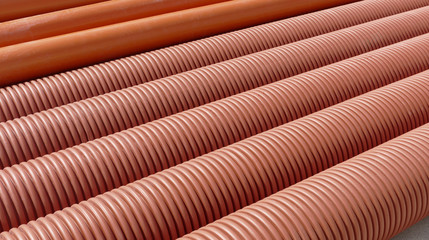 Heap of plastic ribbed tubes for drainage at construction site