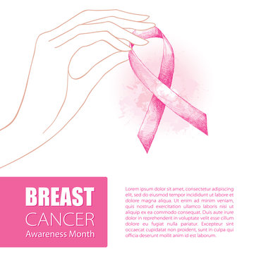 Vector illustration with contour woman hand and pink ribbon isolated on white background. Breast Cancer Awareness Month symbol. Design for international health campaign for woman in October.