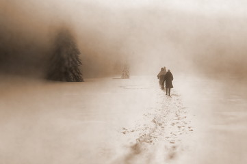 People alone in Winter blizard. Beautiful mountain snowy landscape. Sepia effect.