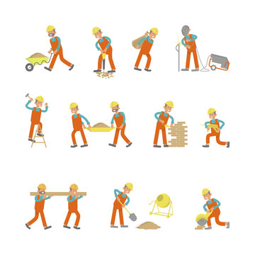 Illustration of construction workers. Characters laborers in different poses in flat design. Isolated on white background. Vector eps10
