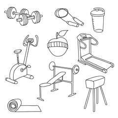 Fitness gym equipment.Hand draw doodle set icons