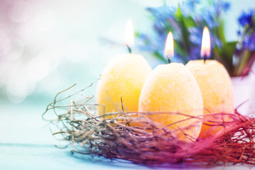 Easter concept with colorful eggs on wooden background