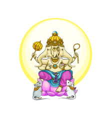 Two faces Ganesha four arms holding mace , lasso, break ivory , jar of jewel. Ganesha has mice as followers. 