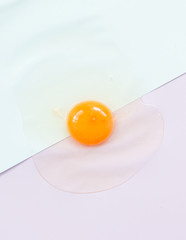 Top view of raw egg on pastel background.