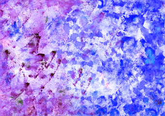 Hand painted watercolor background, abstract bright colors (blue and purple with drops)