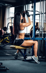 Fototapeta na wymiar Female doing triceps workout in a gym club.